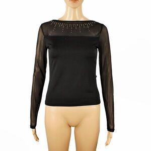 Vintage 90s Morgan De Toi Sheer Mesh Long Sleeve Rhinestone Jewelled Black Top
